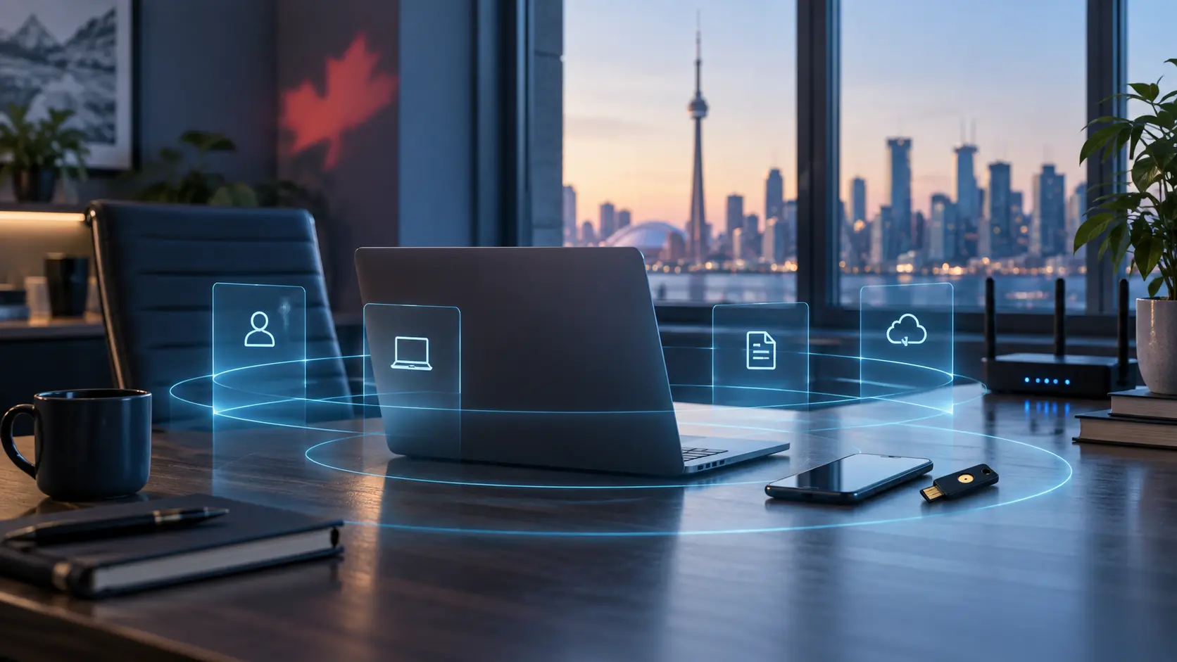 Business laptop, security key and connected devices protected by layered cybersecurity controls in a Toronto office