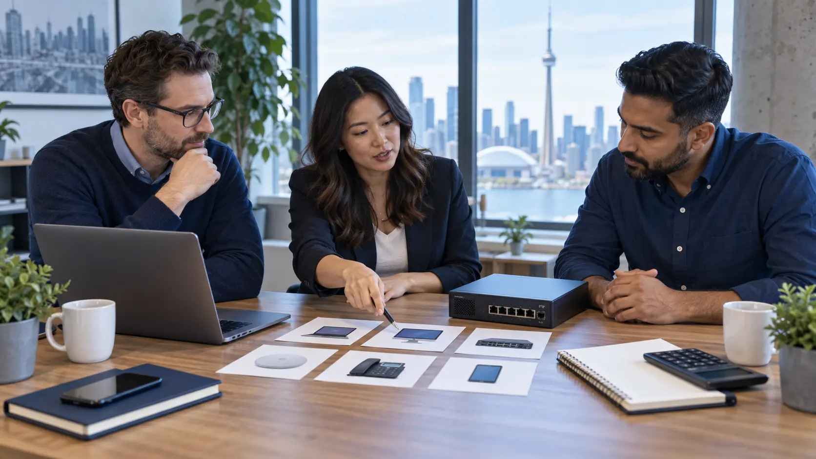 Toronto business leaders reviewing devices, network equipment and technology costs around a planning table